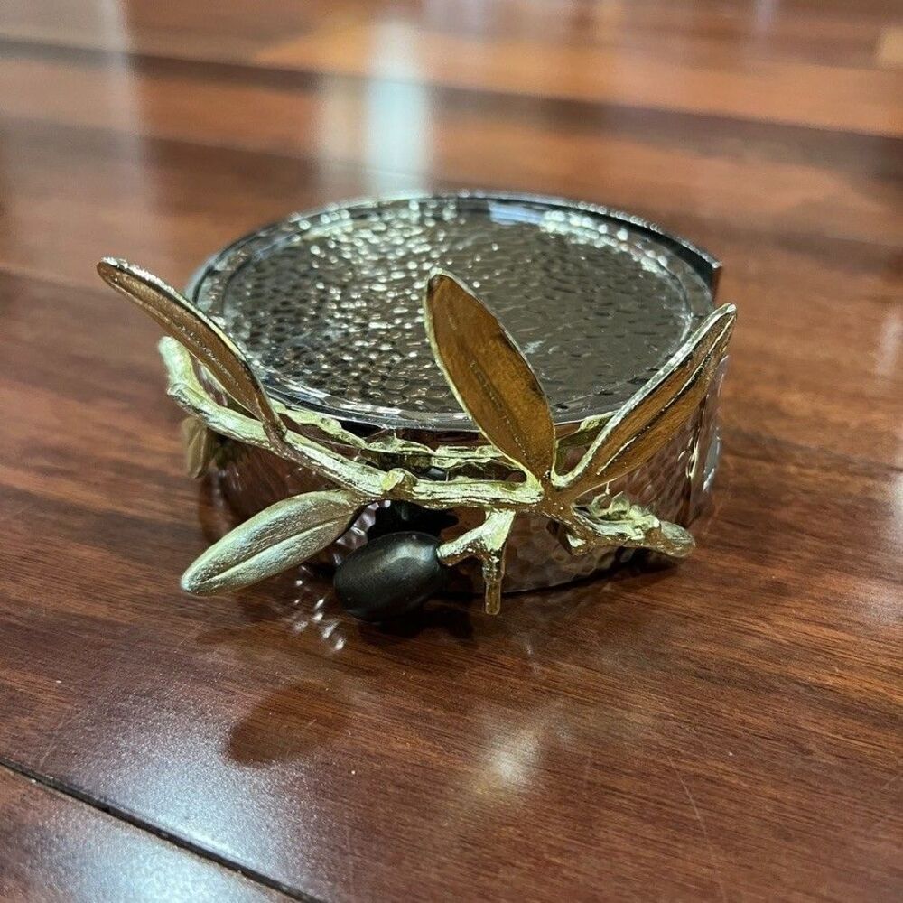 Michael Aram Olive Branch Coaster Set 6 Hammered Nickel in Gold Leaf Holder 4"